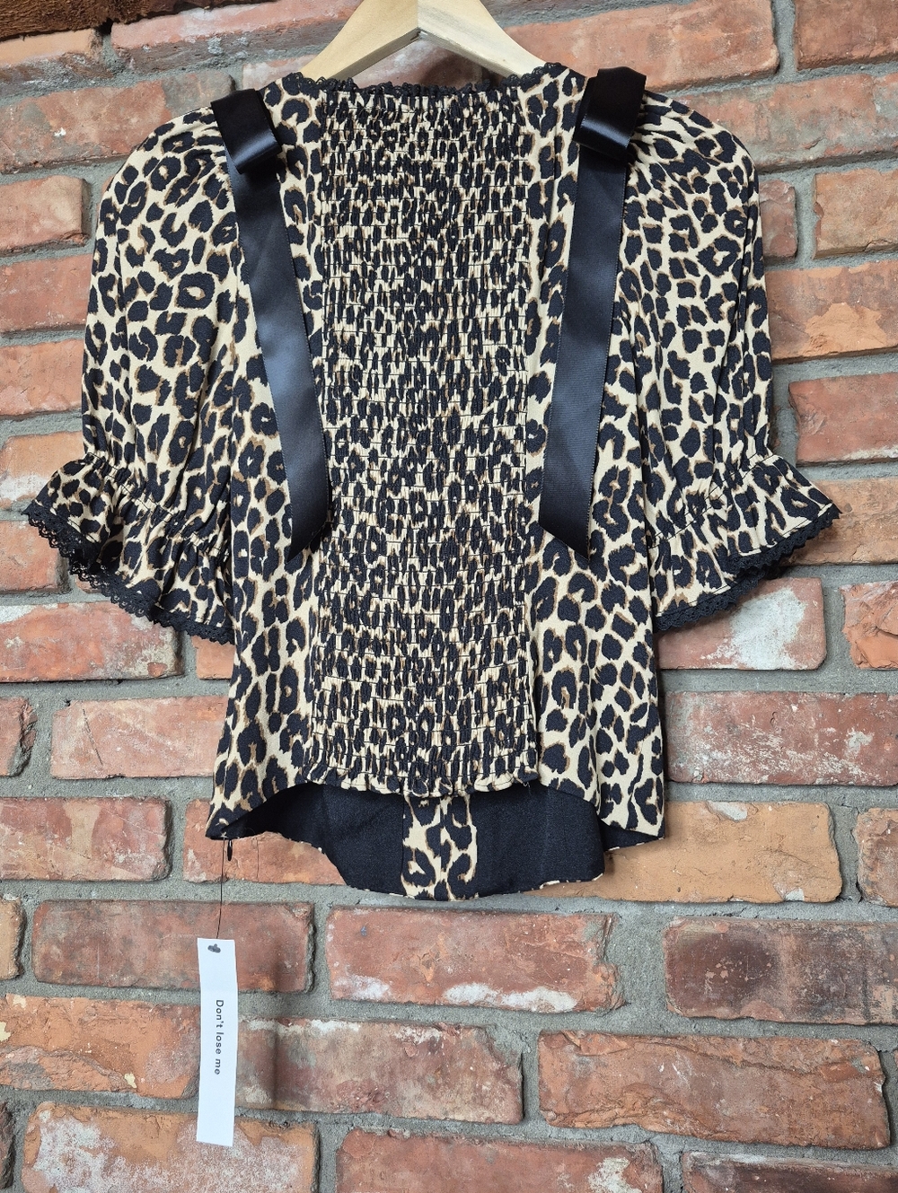 Reformation Inara Leopard Print Top NWT Silk Blend Ribbon Tie Smocked Back Chic - Picture 8 of 13